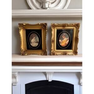 2 Vintage Gold Ornate Framed Art Prints Victorian Revival MCM USA 7” Plastic Frm